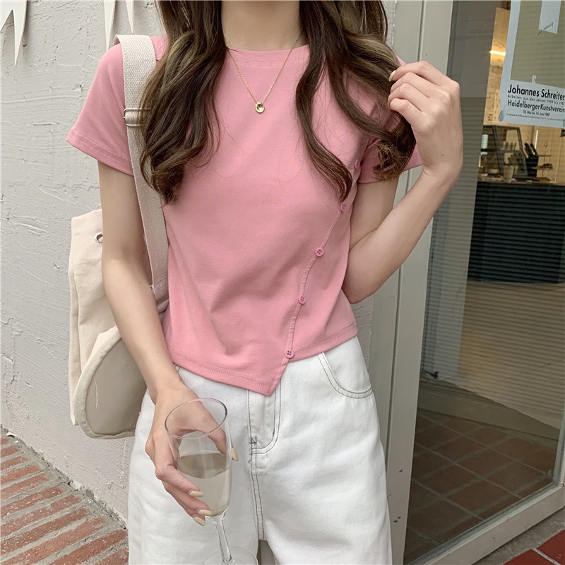 IELGY    Áo Thun Ngắn Tay Ôm Dáng Phong Cách Hàn Quốc Cho Nữ