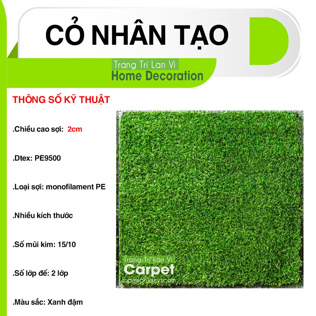 Thảm cỏ nhân tạo trang trí loại cỏ cao 2cm trang trí nhà cửa sân vườn kích thước 1m x 1m