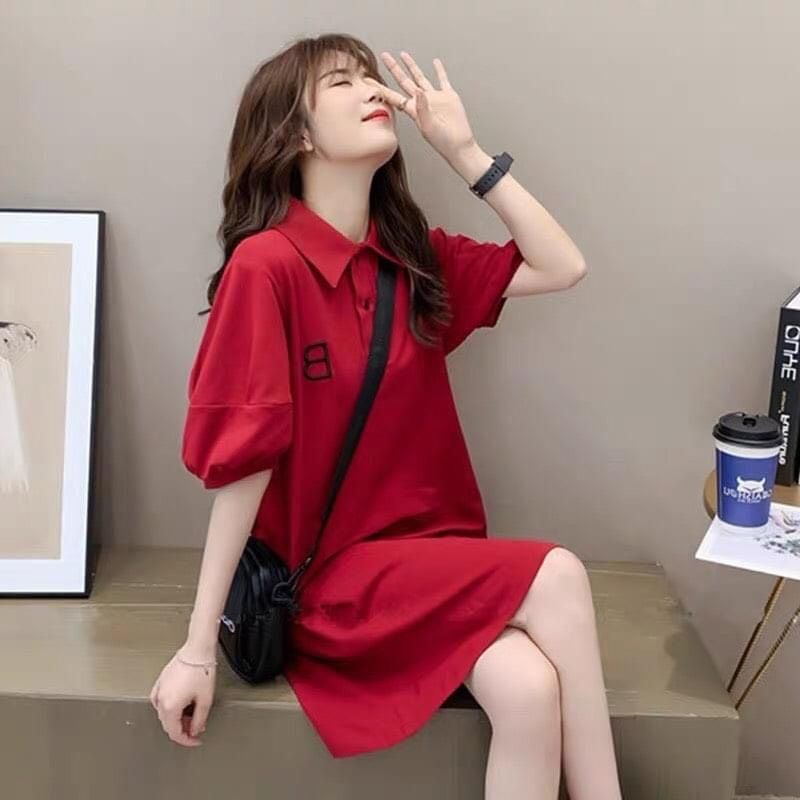 Váy polo chữ B cổ sơ mi chất cotton form suông