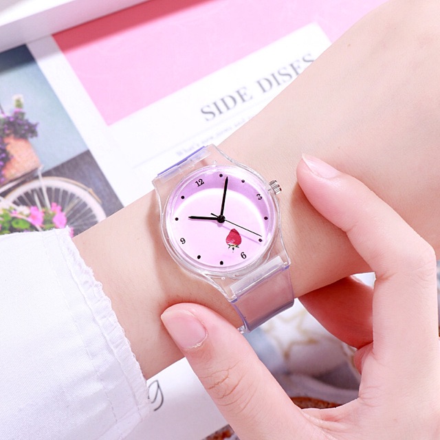 Đồng hồ nữ Ulzzang trái dâu Nhật Bản dây trong suốt 4 màu dễ thương | BigBuy360 - bigbuy360.vn