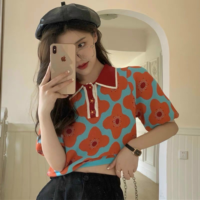 Áo len hoa cổ bẻ khuy hoa hot trend
