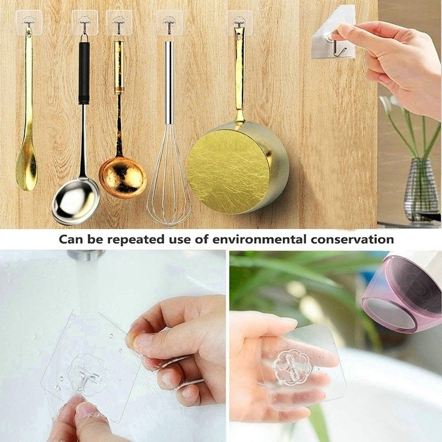 Móc Treo Đồ Dán Tường Trong Suốt Chống Nước Chống Dầu Không Đường May Tái Sử Dụng Được