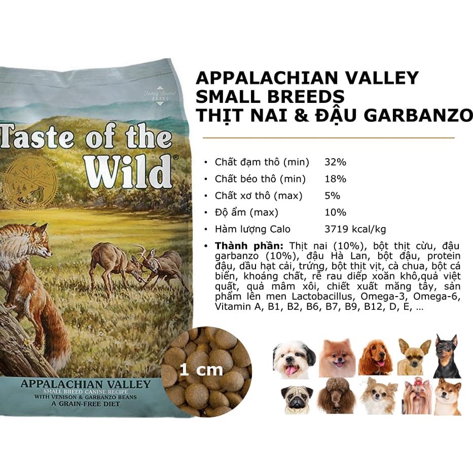 THỨC ĂN HẠT CHO CHÓ GIỐNG NHỎ TASTE OF THE WILD APPALACHIAN VALLEY SMALL BREED 170G NHỎ VỊ THỊT NAI &amp; ĐẬU GARBANZO