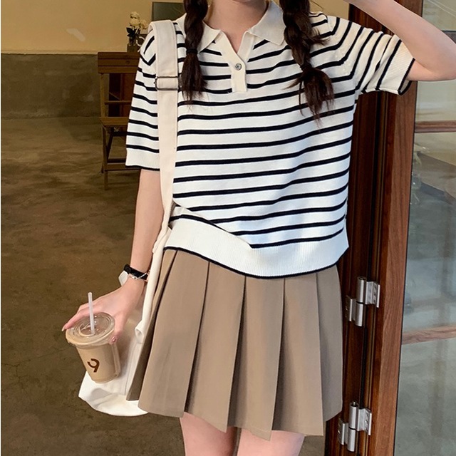 Áo thun polo ZHELIHANGFEI vải dệt kim ngắn tay họa tiết kẻ sọc ngang thời trang