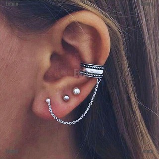 (Eetmo) 3Pcs/Set Bohemia Silver Chain Ear Clip Stud Drop Dangle Earrings Women Jewelry