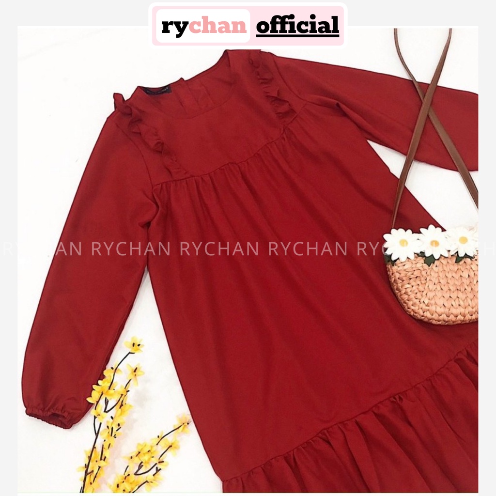 Đầm Đi Chơi Babydoll Đỏ Phối Bèo Đuôi Cá Tay Dài [ẢNH THẬT CUỐI] - DS688