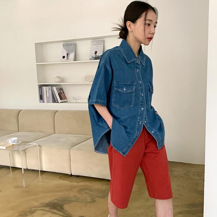 Áo Sơ Mi Denim Tay Ngắn Dáng Rộng Phối Hai Túi Thời Trang 50464