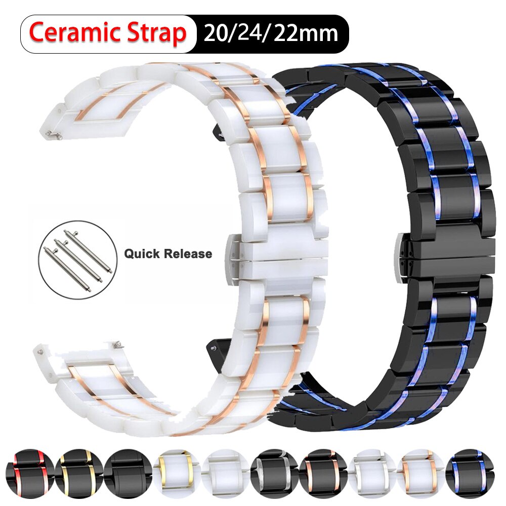 Dây đeo đồng hồ bằng thép không gỉ và ceramic 20mm 22mm sang trọng cho Samsung S2 3 4 Huawei GT 2