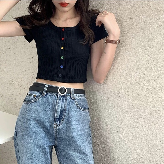 Áo Croptop nữ Ulzzang trơn body dính cúc màu | BigBuy360 - bigbuy360.vn