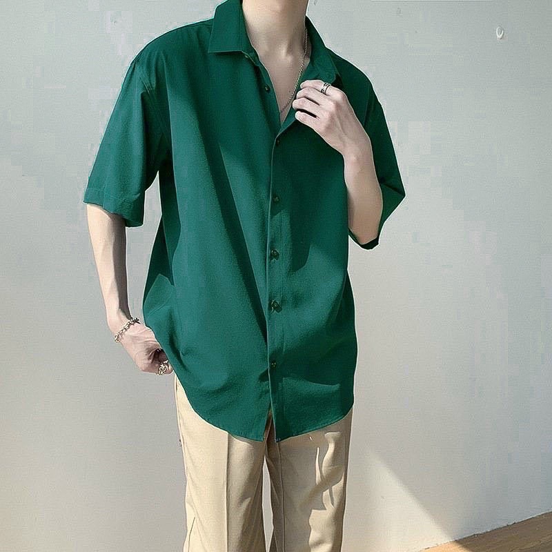 Áo sơmi trơn tay lỡ vải KAKI màu XANH LÁ có túi 🖤 Nam nữ unisex 🖤 Áo Sơ Mi form rộng style Ulzzang
