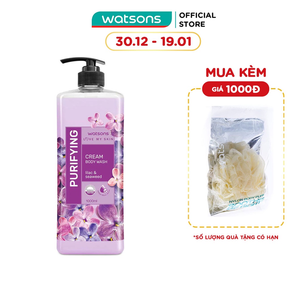 Kem Tắm Watsons Love My Skin Purifying Lilac &amp; Seaweed Cream Body Wash Thanh Lọc Da 1000ml