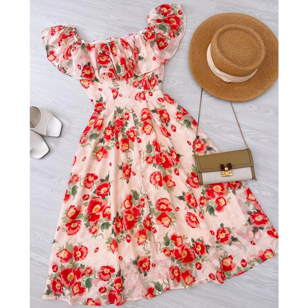 Váy Hoa Nhí Trễ Vai Dáng  Dài Thiết Kế Phối Nhún Ngực Sang Chảnh, -V74