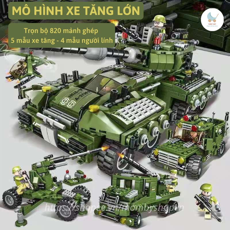 Bộ đồ chơi Lego xếp hình xe tăng, xe bọc giáp, Mô hình lắp ráp xe chiến đấu quân độ, Hơn 800 chi tiết với 27 tạo hình