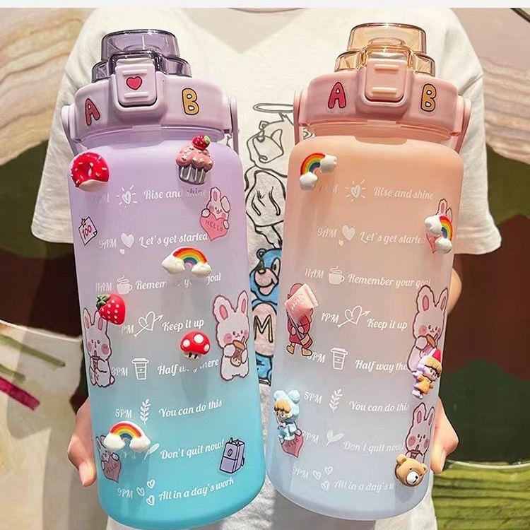 Bình Đựng Nước 2L Dễ Thương Có Vạch Báo Giờ Uống Nước Kèm Sticker Dán Siêu Xinh Dành Cho Người Lười Uống Nước