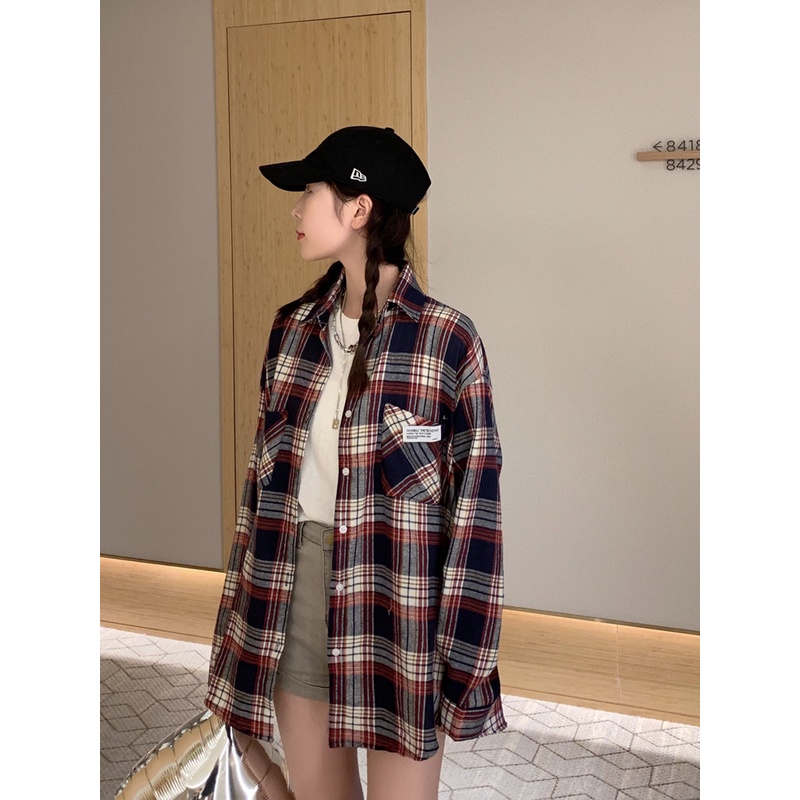 Áo Sơ Mi Caro Tay Dài Dáng Rộng Màu Sắc Tương Phản Phong Cách Hàn Quốc Thời Trang Mùa Thu Cho Nữ