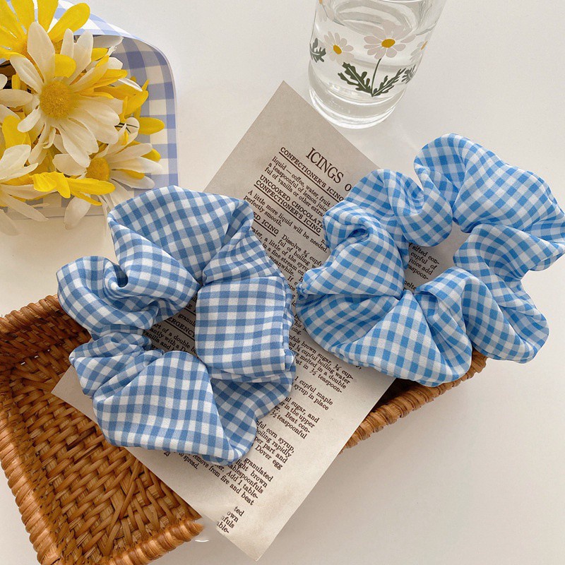 Dây thun cột tóc in hoa kẻ sọc caro màu xanh dương ngọt ngào bắt mắt