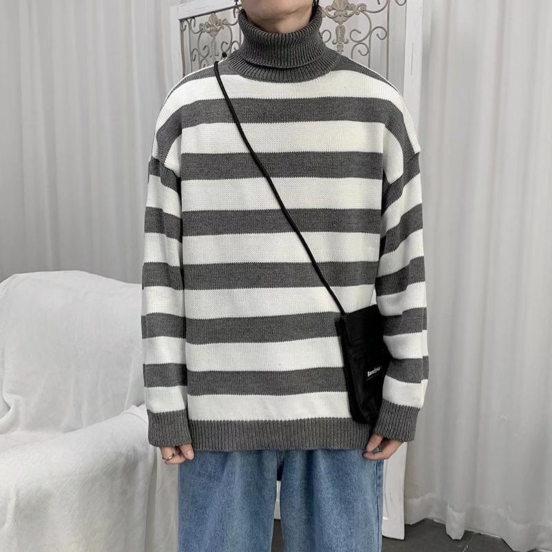 Áo sweater tay dài cổ lọ họa tiết kẻ sọc thiết kế đơn giản phong cách Hàn Quốc cho nam