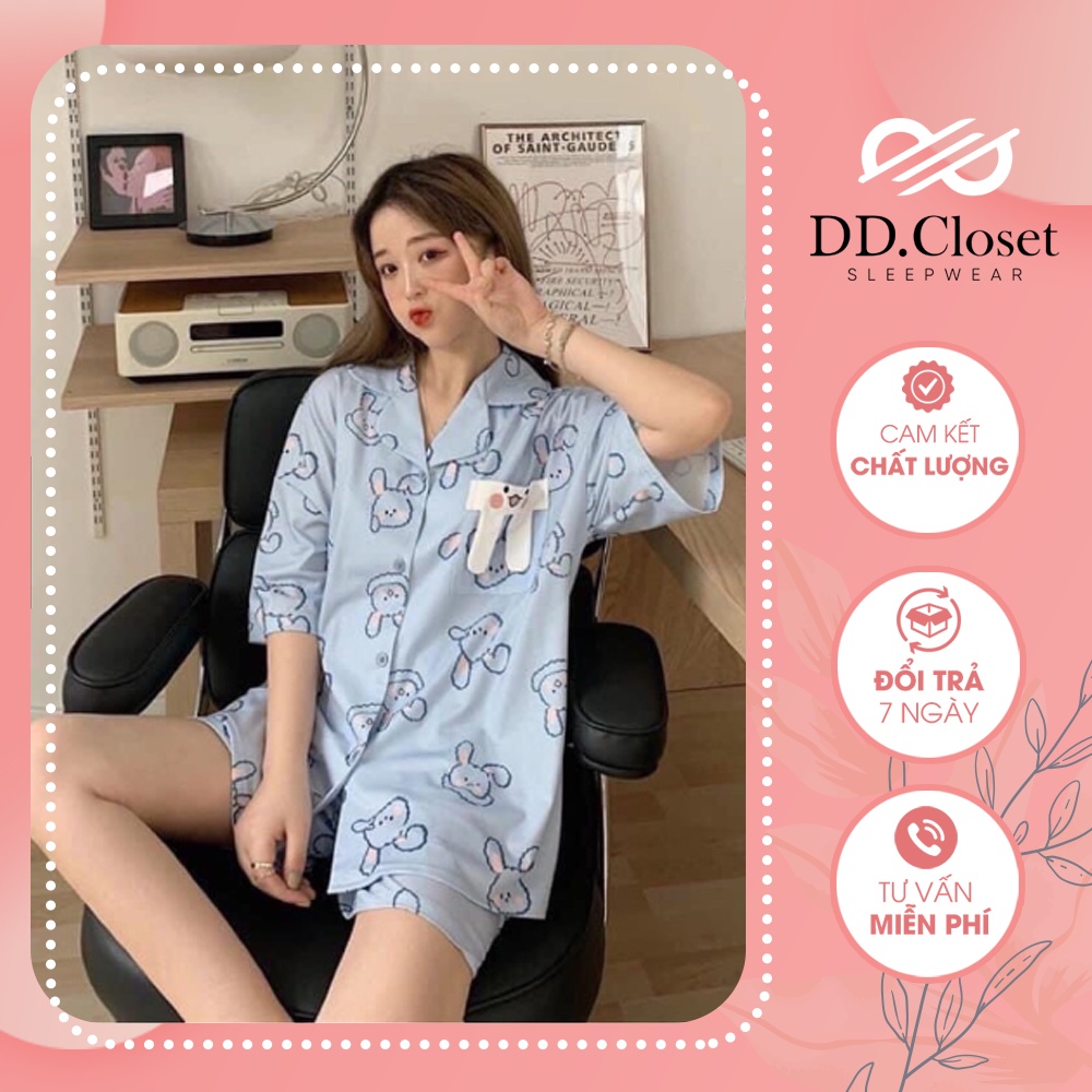 Bộ đồ ngủ pijama nữ cộc tay quần đùi chất lụa Kate Thái mềm mịn màu xanh nhạt họa tiết hoạt hình đáng yêu - CD0020