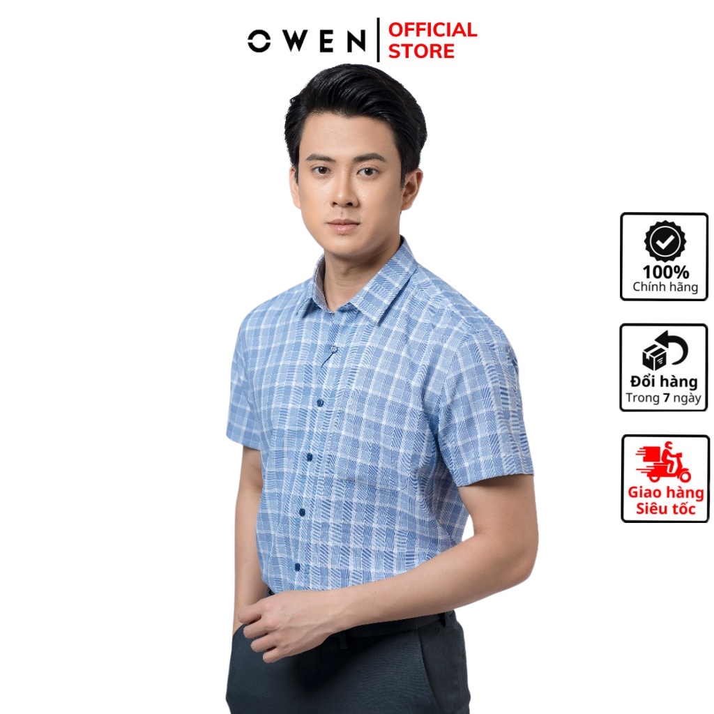 Áo sơ mi nam ngắn tay OWEN BA220111NT công sở vải sợi café cao cấp màu kẻ caro xanh dáng suông tà bằng có túi