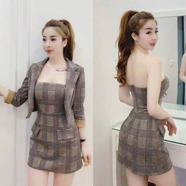 Set đầm cúp ngực ôm body áo khoác vets