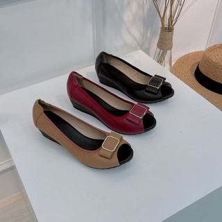 LiB - Giày Đế Xuồng Nữ Thời Trang Hở Mũi 3cm Da Bò Thật Gắn Khóa 5242