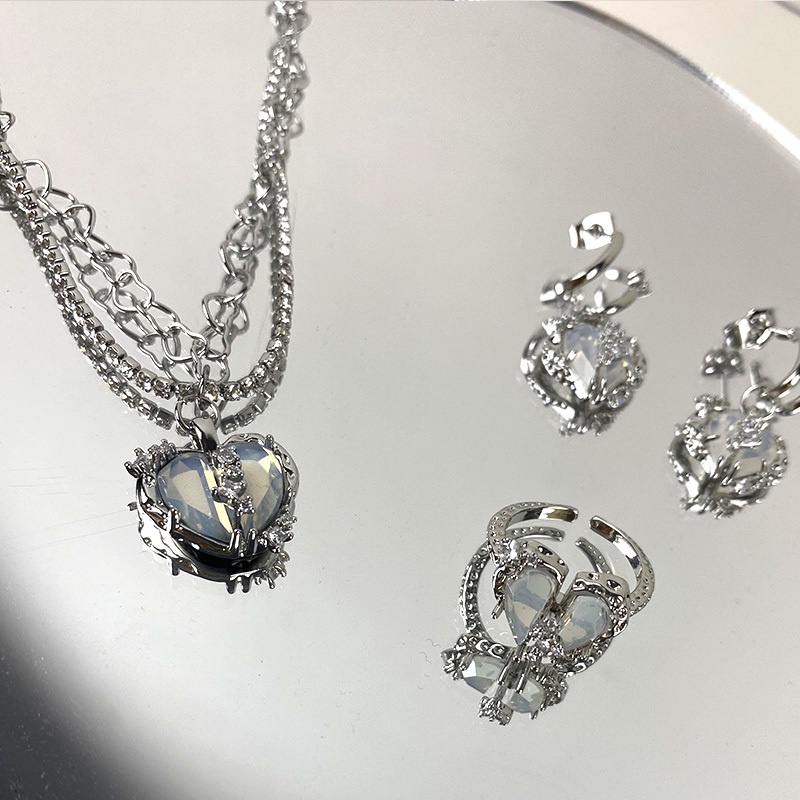 Bộ Trang Sức Vòng cổ Nhẫn Và Bông Tai Đính Đá zircon Trái Tim Nhỏ Lấp Lánh Sang Trọng Nhẹ Nhàng