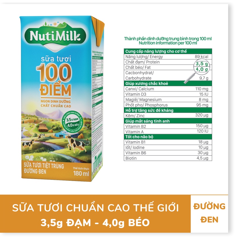 Lốc 4 Hộp NutiMilk Sữa tươi 100 điểm - Sữa tươi tiệt trùng đường đen 180ml - NUTIFOOD - CIRINO