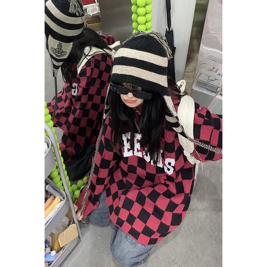 Áo sweater len kẻ sọc caro phong cách Retro Âu Mỹ