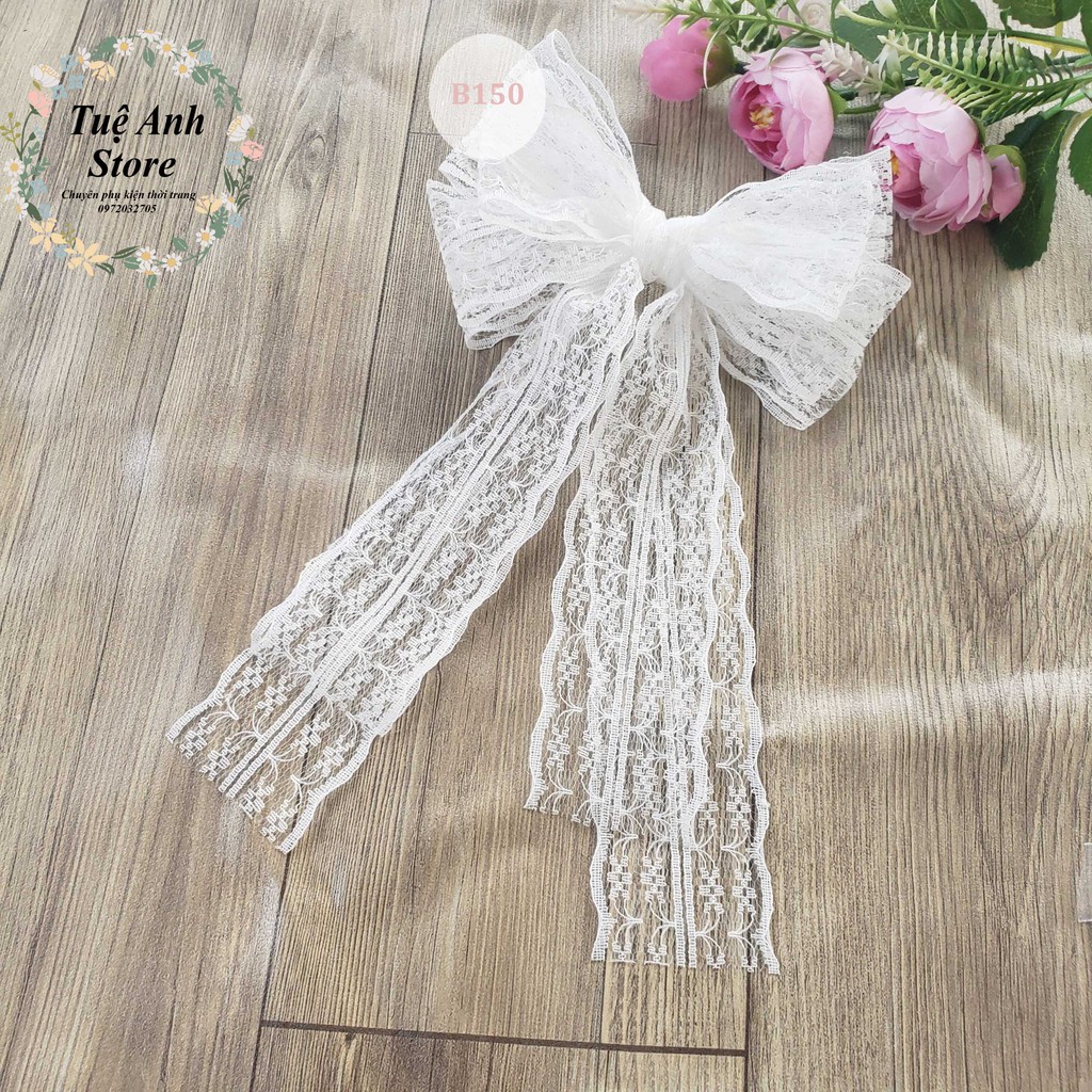 B150 - Cặp tóc nơ ren trắng tiểu thư