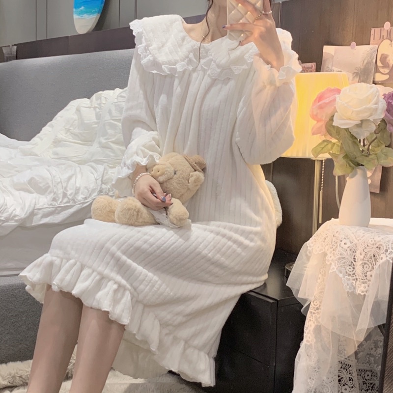 [45CAM]Váy ngủ nữ kiểu dáng tiểu thư chất bông dày ấm áp