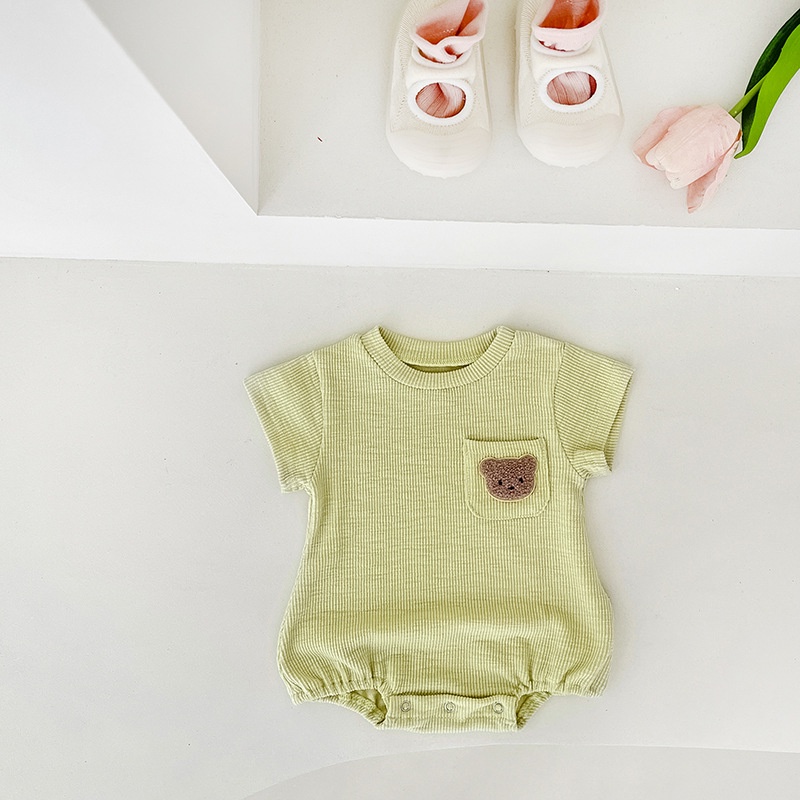 Bộ Áo Liền Quần Ngắn Tay In Hình Gấu Phong Cách Hàn Quốc Cho Bé Trai Và Gái