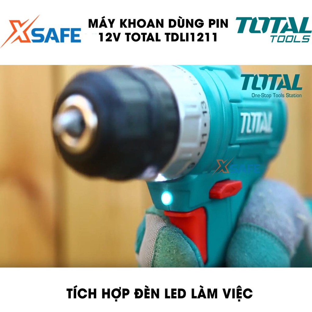 Máy khoan dùng pin 12V TOTAL TDLI1211 Kèm 1 Pin 1.5Ah 1 Sạc 2 mũi vít CR-V 65mm Máy khoan cầm tay lực siết tối đa 20N.m