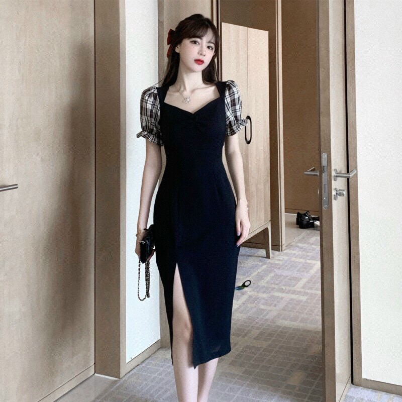 [ Mã FAMAYWA2 giảm 10K đơn 50K] đầm suông xẻ tà cổ vuông ngắn tay