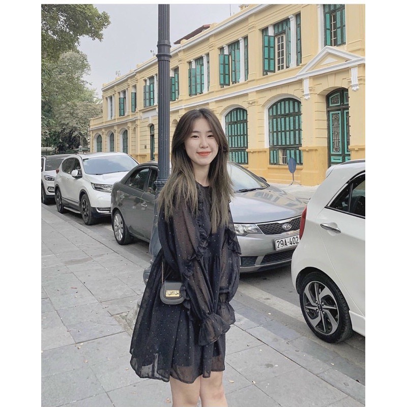 Đầm BABYDOLL voan đen tay phối bèo chấm bi