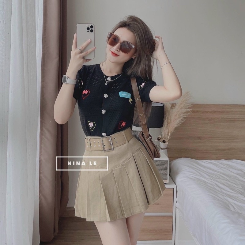 Chân Váy Xếp Ly Lưng Cao Kèm Thắt Lưng 4 Màu Chất Kaki Thô