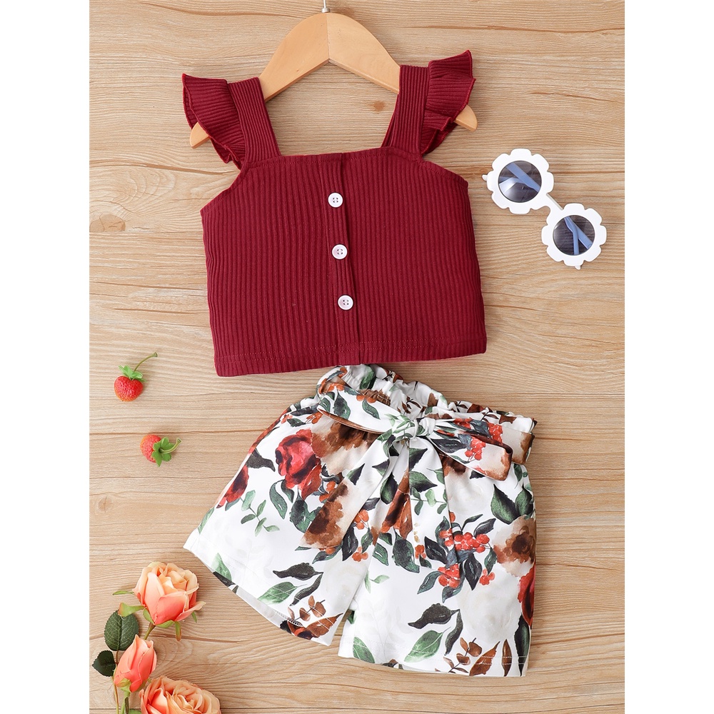 Bộ trang phục MIKRDOO 2 món gồm áo hai dây và quần đùi in hoa dễ thương thời trang mùa hè cho bé