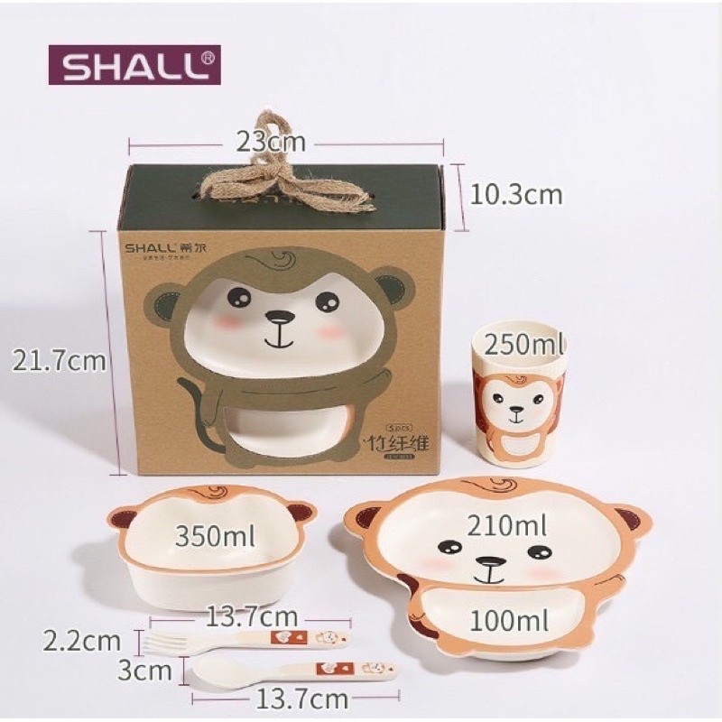 Set bát cốc thìa ăn dặm Shall hình khỉ 5 chi tiết 𝐁𝐞𝐞𝐡𝐨𝐮𝐬𝐞