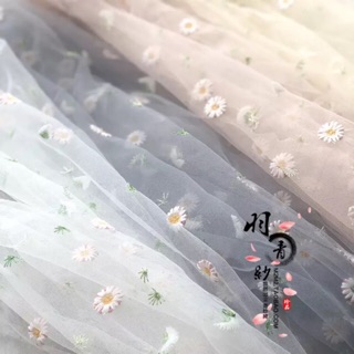 Vải voan lưới thêu cúc lá may cột tóc scrunchies