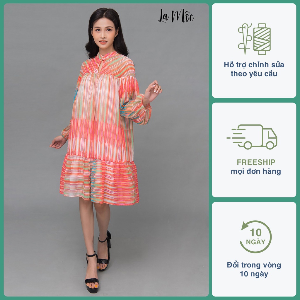 Đầm nữ, váy thiết kế LA MỘC, đầm babydoll cổ trụ, đa sắc, nhún bèo, tay phồng chiffon korea