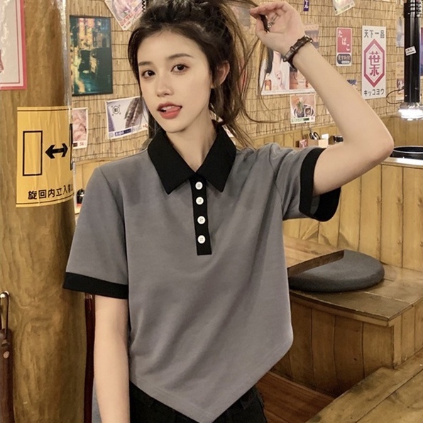 Áo thun lửng ZHELIHANGFEI cổ polo tay ngắn kiểu lệch tà cá tính thời trang dành cho nữ