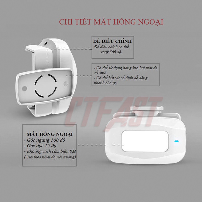 Chuông Báo Khách Cửa Hàng, Báo Động Chống Trộm CTFAST-02, Cảm Biến Chuyển Động Hồng Ngoại, 1 Đầu Phát, 1 Đầu Thu