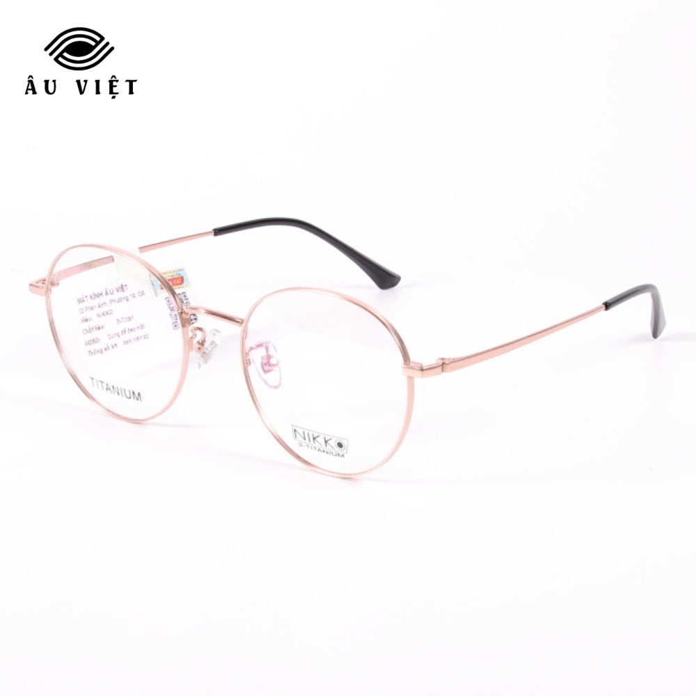 Gọng kính kim loại titanium Nikko 8325 nam nữ unisex dáng tròn màu vàng hồng/viền đen/đen Full box