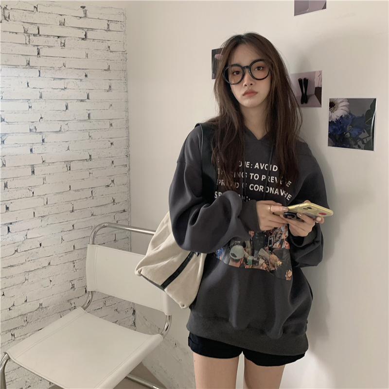 Áo hoodie dáng rộng in họa tiết chữ phong cách Hàn Quốc thời trang dành cho nữ | BigBuy360 - bigbuy360.vn