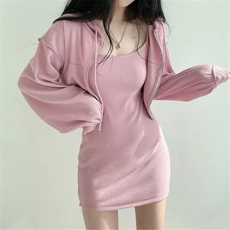 Casual sportswear suit women's  autumn new Korean version net red fried Street fat mm dress sweater two-piece set