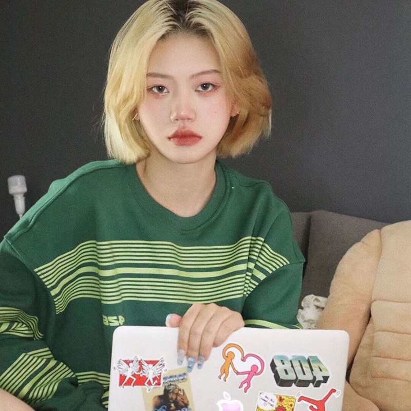 Áo Sweater Cổ Tròn Tay Dài Dáng Rộng Kẻ Sọc Kiểu Retro Đường Phố Cho Nữ