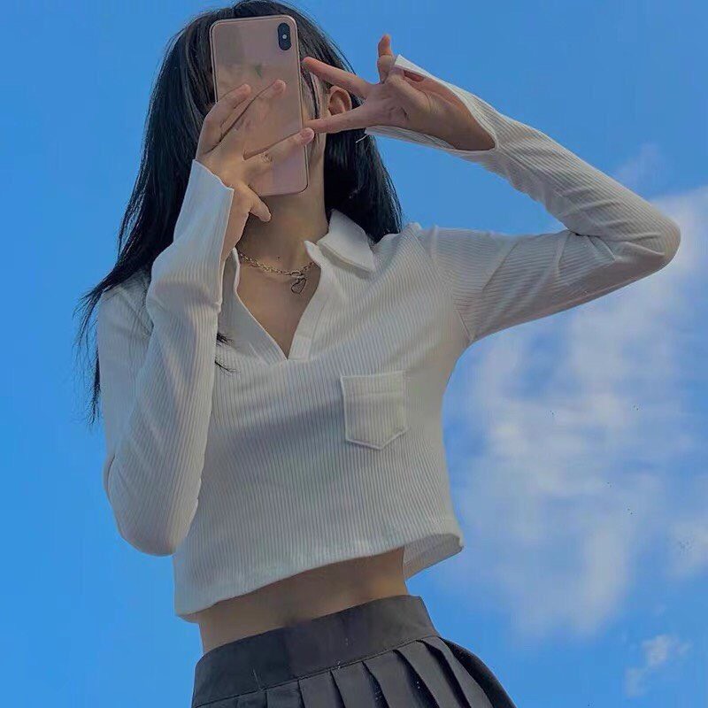 Áo croptop dài tay 1 túi, áo crt cổ bẻ chất thun tăm cá tính