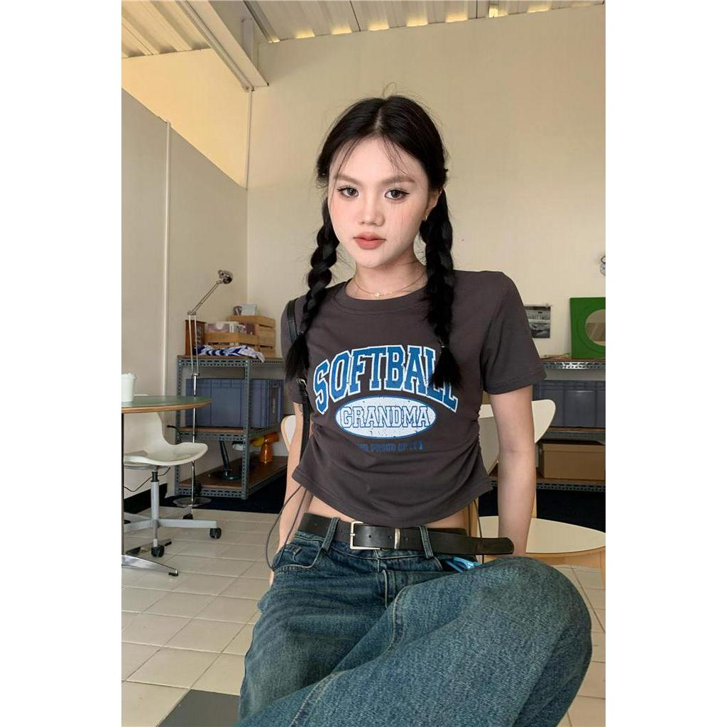 Áo Thun Dáng Ngắn Phối Dây Rút In Họa Tiết Kiểu Retro Cá Tính 6355