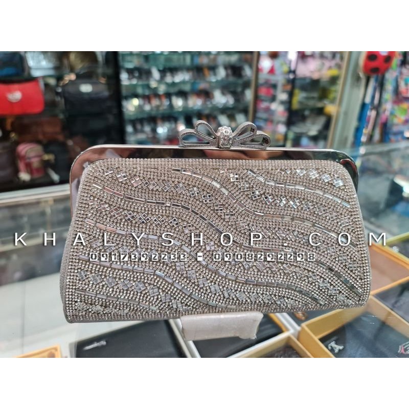 Bóp đầm clutch dạ hội dự tiệc sang trọng đeo chéo xách tay màu bạc kiểu khóa nơ