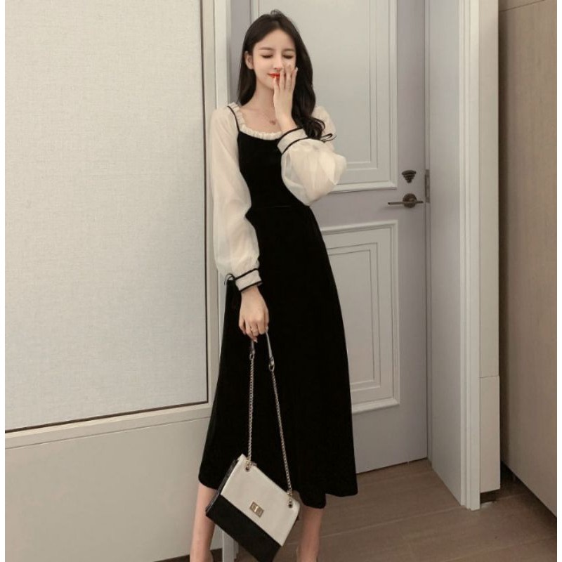 Váy nhung đen dáng dài phối voan