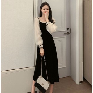 Váy nhung đen dáng dài phối voan